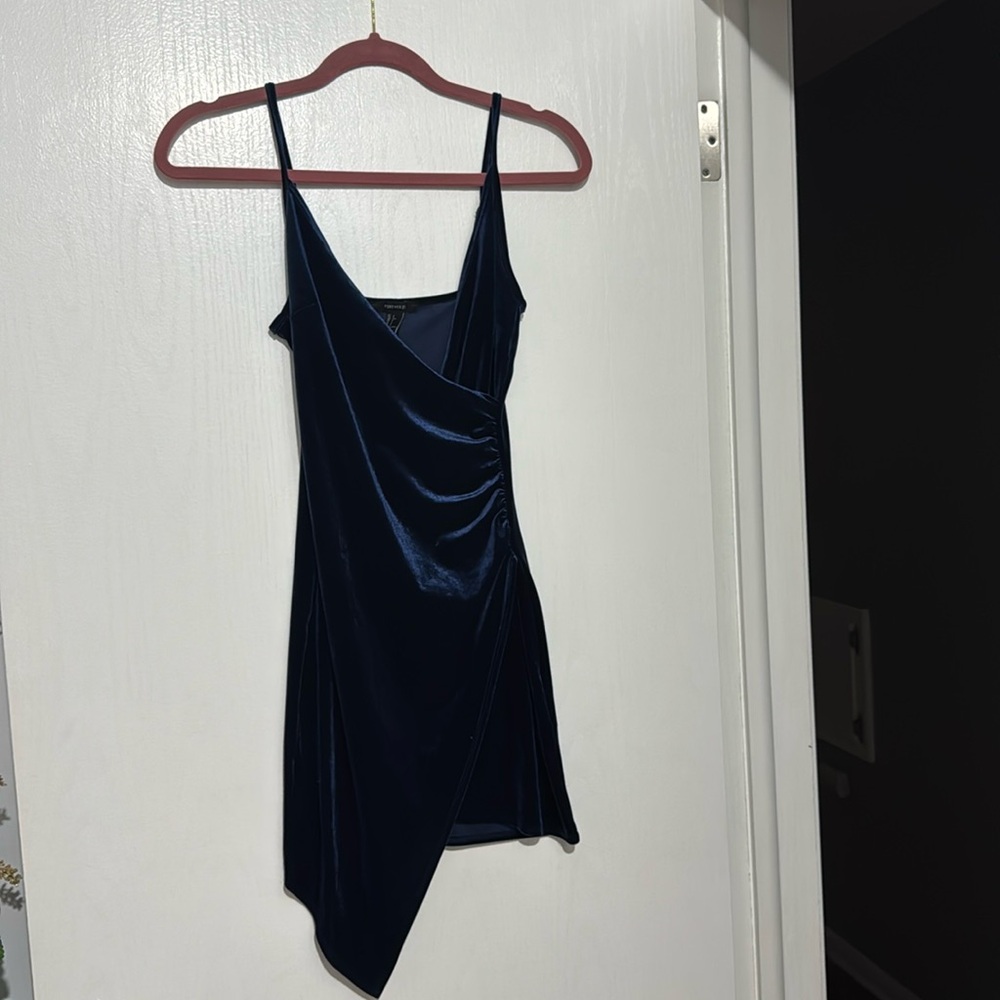 Asymmetrical blue velvet mini dress